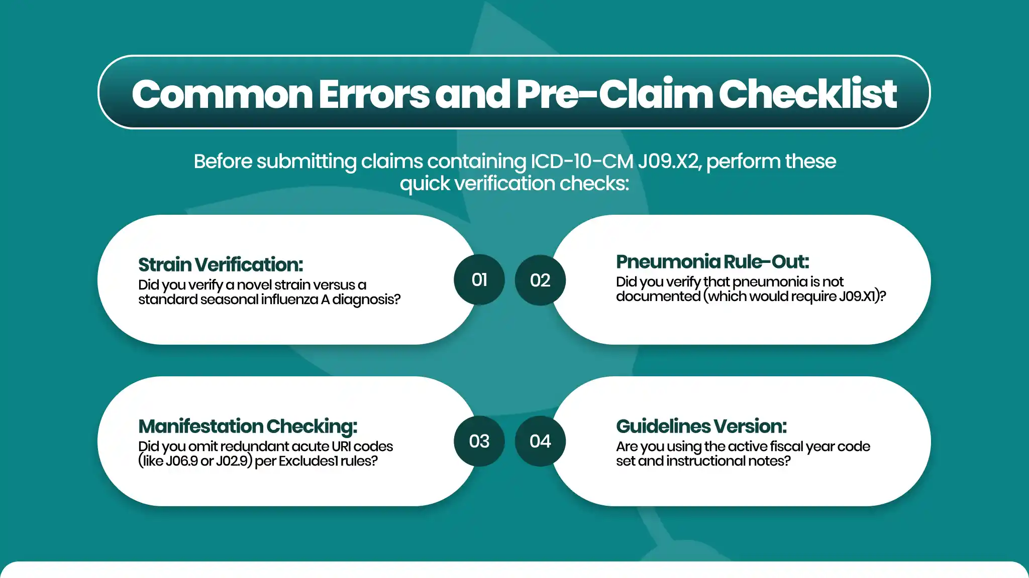 J09.X2 common errors and pre-claim checklist | GreenSense Billing