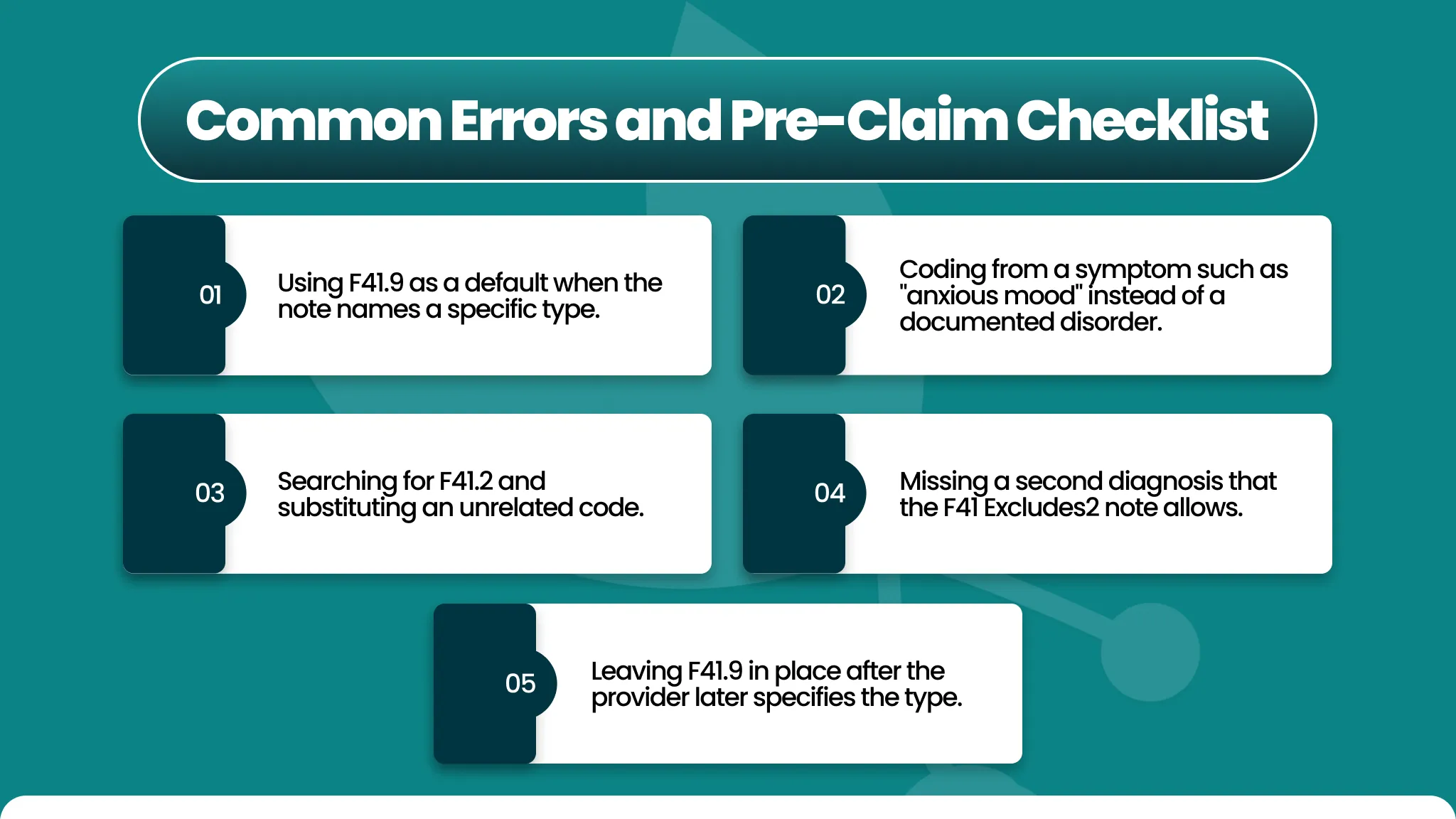 Common errors and pre-claim checklist for F41.9: default use, symptom coding, F41.2 search, missed second diagnosis, stale code | GreenSense Billing